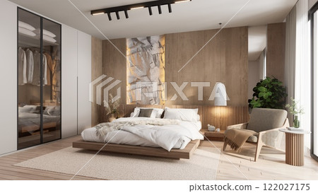 A modern bedroom featuring a wooden bed, neutral tones, a stylish chair, and a decorative wall, creating a cozy and inviting atmosphere. 3d rendering. 122027175