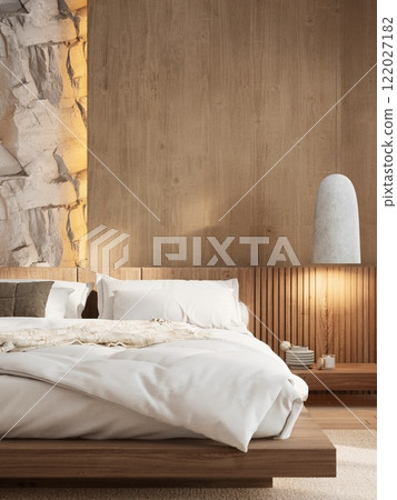 A serene bedroom featuring a wooden bed, soft linens, textured wall, and minimalist lighting, creating a cozy and inviting atmosphere. 3d rendering. A serene bedroom featuring a wooden bed, soft linens, textured wall, and minimalist lighting, creating a cozy and inviting atmosphere. 3d rendering. 122027182