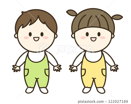 穿著連身褲的男孩和女孩的簡單插圖 122027189
