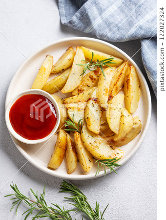 Baked potato wedges with spices, fresh rosemary and tomato sauce on a plate on a light background 122027324