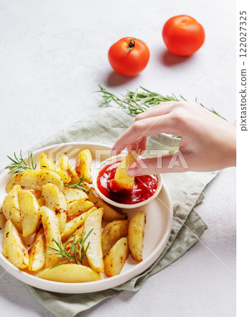 Hand holding baked potato wedges with spices, fresh rosemary and tomato sauce in plate 122027325