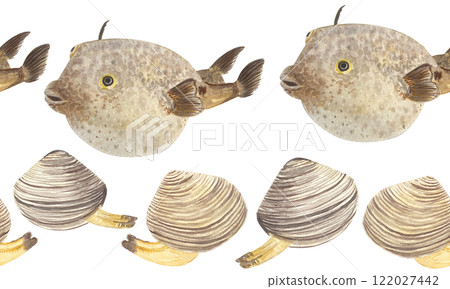 Puffer fish, clams watercolor seamless border isolated on white. High quality hand drawn sea creature clip art perfect for blog posts, fish market, oceanarium, restaurant decor, menu, tourism design Puffer fish, clams watercolor seamless border isolated on white. High quality hand drawn sea creature clip art perfect for blog posts, fish market, oceanarium, restaurant decor, menu, tourism design 122027442