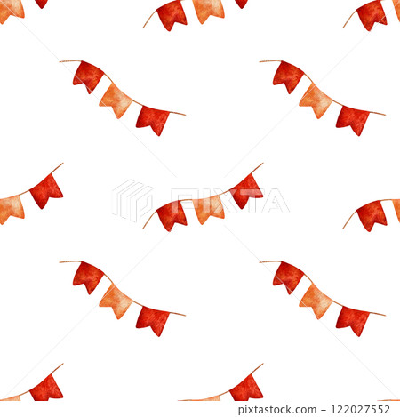 Hand drawn watercolor seamless pattern with festive red and orange flags. Vibrant warm tones, cheerful and decorative look. Ideal for gift wrap, party decorations, wallpaper, textiles, and cards Hand drawn watercolor seamless pattern with festive red and orange flags. Vibrant warm tones, cheerful and decorative look. Ideal for gift wrap, party decorations, wallpaper, textiles, and cards 122027552