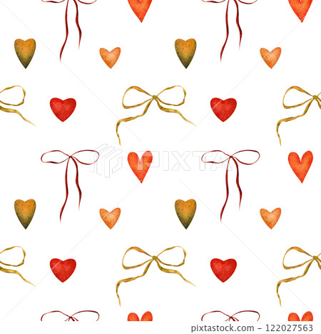 Hand drawn watercolor seamless pattern with red hearts and decorative bows. Soft red, orange, and green tones. romantic and elegant. Ideal for textiles, gift wrap, wallpaper, stationery, invitations Hand drawn watercolor seamless pattern with red hearts and decorative bows. Soft red, orange, and green tones. romantic and elegant. Ideal for textiles, gift wrap, wallpaper, stationery, invitations 122027563