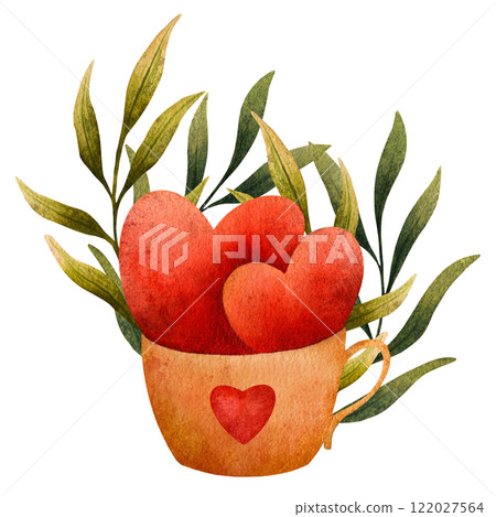 Hand drawn watercolor illustration of a cup with red hearts and green leaves. Warm red and green tones create a romantic look. Perfect for Valentines Day cards, posters, branding, prints, invitations 122027564