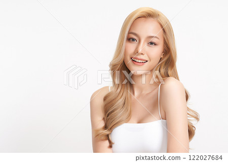Beautiful young asian woman with clean fresh skin on white background, Face care, Facial treatment, Cosmetology, beauty and spa, Asian women portrait. 122027684