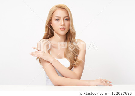 Beautiful young asian woman with clean fresh skin on white background, Face care, Facial treatment, Cosmetology, beauty and spa, Asian women portrait. 122027686