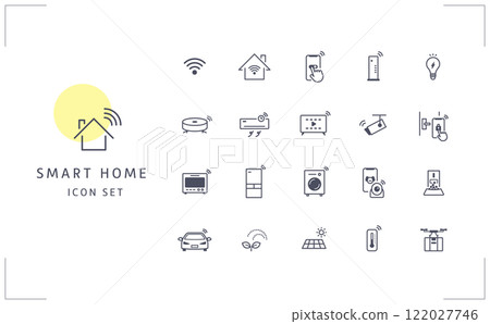 Smart home vector icon set (IoT-enabled smart appliances, smart security, etc.) 122027746