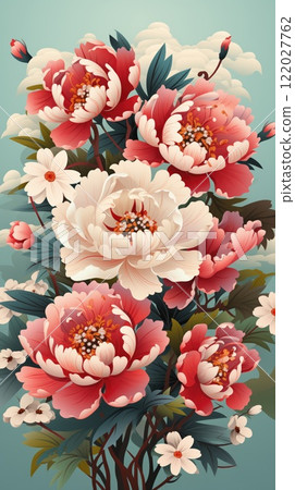 Painted lush floral bouquet with different color peony flowers on light background. 122027762