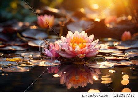 Pink lotuses floating on water with light sparkle and sunset lights 122027785