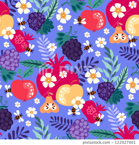 Seamless background  with various tropical fruits, bee, flowers  Modern botanical print for kitchen textile, wrapping paper, fabric,  banner, posster Chana Tova Rosh Hashanah  Cute vector 122027801