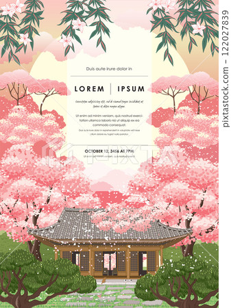 Traditional Korean Architecture - Hanok with Cherry Blossoms in a Serene Spring Garden, Template Vector Illustration				 122027839