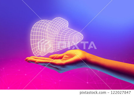 Hand presenting glowing digital liver model in vibrant setting, representing hepatology advancements and medical innovation. 122027847