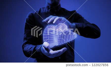 Male hands showcasing a holographic liver model, representing medical innovation and hepatology advancements. 122027856