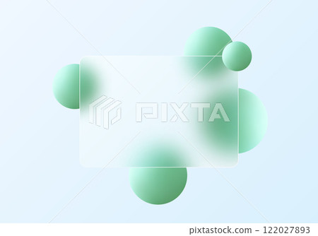 Gradient light background with transparent rectangular partition and floating green spheres. 122027893