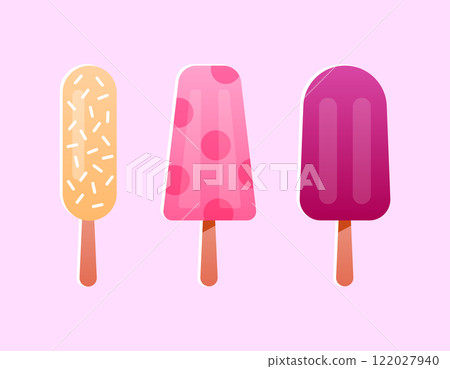 Fruit ice lolly set. Ice cream popsicle sticker collection. Bright summer illustration of frozen sweet dessert. Fruit ice lolly set. Ice cream popsicle sticker collection. Bright summer illustration of frozen sweet dessert. 122027940