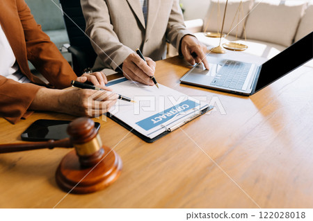 Lawyer or judge consult having team meeting at law office. Law and Legal services concept. Lawyer or judge consult having team meeting at law office. Law and Legal services concept. 122028018