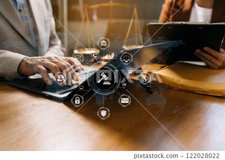 Businessman and lawyer or judge consult having team meeting with client, Law and Legal services concept in office. Businessman and lawyer or judge consult having team meeting with client, Law and Legal services concept in office. 122028022