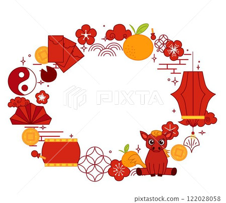 Chinese new year of horse oval frame for the Year of the horse, New Year background material. Vector graphic line illustration template on transparent background 122028058