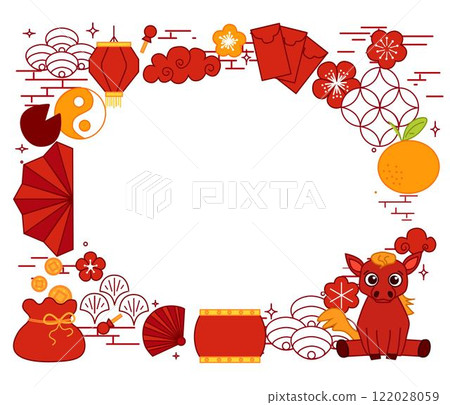 year of horse Chinese New Year template oval frame featuring traditional Chinese borders and a horse, celebrating the Year of the Horse with festive elements. Vector graphic line 122028059