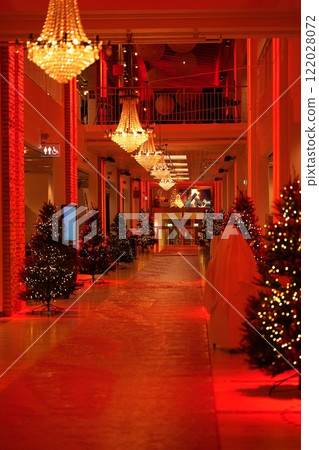 Elegant Holiday Hallway with Chandeliers and Christmas Trees. Lunar New Year Elegant Holiday Hallway with Chandeliers and Christmas Trees. Lunar New Year 122028072