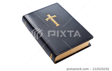 A black Bible featuring a beautiful gold cross prominently on the cover 122028292