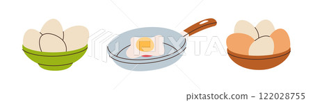 Set of chicken eggs. Organic farm product. Fresh and boiled eggs. Vector illustration. 122028755
