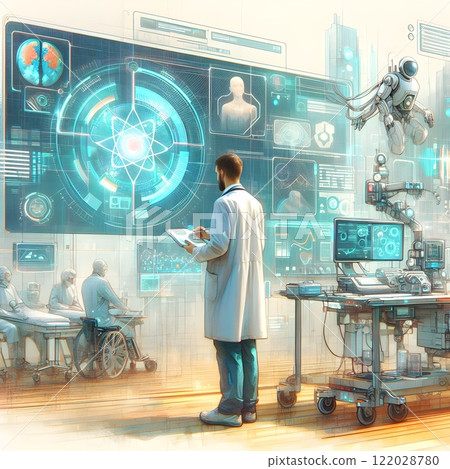 Scientists work in a high-tech lab, examining a massive holographic robotic figure through microscopes, surrounded by advanced scientific equipment and digital data. 122028780