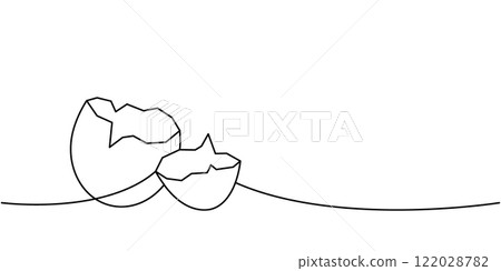 Broken farm egg one line continuous drawing. Organic farm product. Vector illustration 122028782