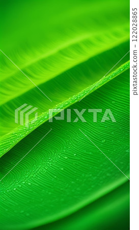 Close-up of green leaf with water droplets showing detailed texture. Macro shot of natural patterns and veins. Nature background concept 122028865