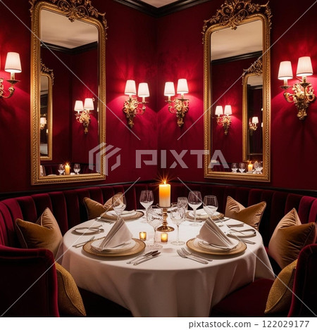 The restaurant interior is luxurious and intimate, with a deep red theme. 122029177