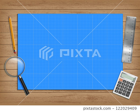 Blueprint paper with drawing tools. Cutting mat 122029409