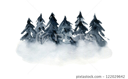 Mysterious dark gray gradient watercolor illustration of textured coniferous fir forest. Misty indigo blue watercolour pine trees texture for winter Christmas design, print, decor element, sticker Mysterious dark gray gradient watercolor illustration of textured coniferous fir forest. Misty indigo blue watercolour pine trees texture for winter Christmas design, print, decor element, sticker 122029642