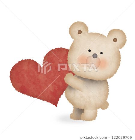 Hand-drawn illustration of a bear holding a heart 122029709