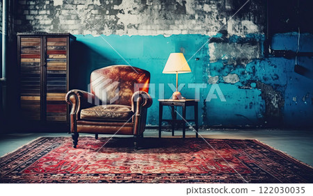 brown leather armchair and retro decor 122030035