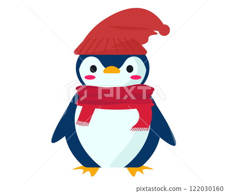 戴著圍巾、針織帽的企鵝。向量圖 122030160