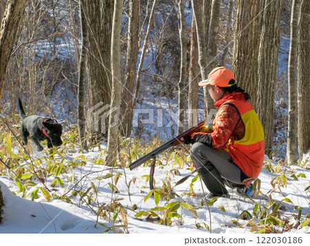 A hunter giving instructions to his hounds during a hunt A hunter giving instructions to his hounds during a hunt 122030186