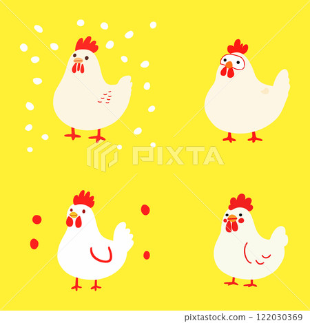 Playful Cartoon Chickens on Yellow Background 122030369