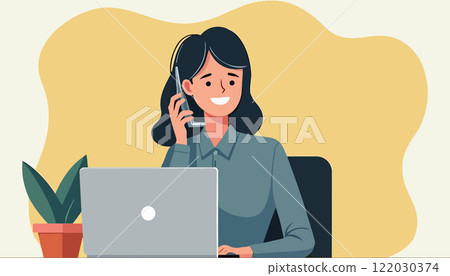 Smiling Woman on Phone at Desk with Laptop 122030374