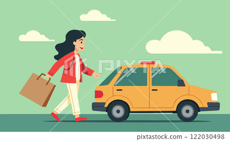 Woman Approaching a Taxi with Shopping Bag Woman Approaching a Taxi with Shopping Bag 122030498