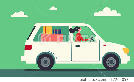 Woman Driving a Delivery Van with Gifts Woman Driving a Delivery Van with Gifts 122030573