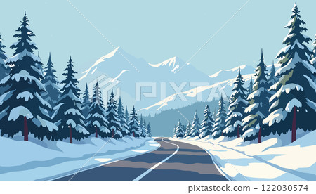 Snowy Mountain Road in Winter Landscape 122030574
