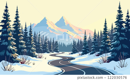 Snowy Mountain Road in Winter Landscape 122030576