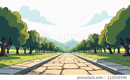 Scenic Pathway Through Lush Green Landscape Scenic Pathway Through Lush Green Landscape 122030590