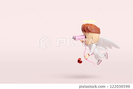 3d cupid flying holding binoculars with bow, arrows isolated on pink background. Happy valentine's day concept, 3d illustration render 122030599