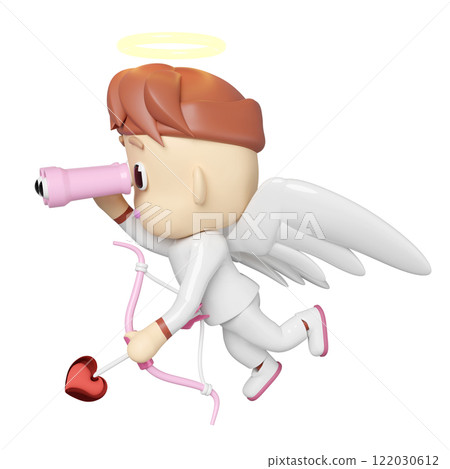 3d cupid flying holding binoculars with bow, arrows isolated. Happy valentine's day concept, 3d illustration render 122030612