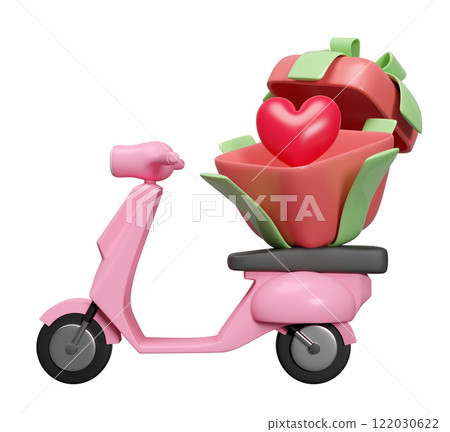 3d scooter with heart in open gift box isolated. Happy valentine's day concept, 3d illustration render 122030622