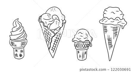Set of hand drawn outline ice cream cones in various styles, with scoops and soft serve, illustrated in a simple black and white doodle style Set of hand drawn outline ice cream cones in various styles, with scoops and soft serve, illustrated in a simple black and white doodle style 122030691