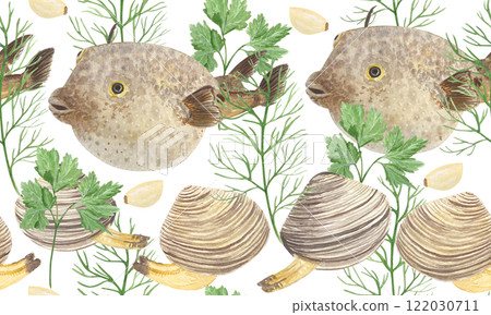 Puffer fish, clams with dill, parsley and garlic watercolor seamless border isolated on white. High quality hand drawn sea food clip art perfect for blog posts, fish market, restaurant decor, menu 122030711