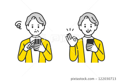 A set of senior women and elderly people who are worried about their smartphones and make OK sign poses [People vector illustration material] 122030713